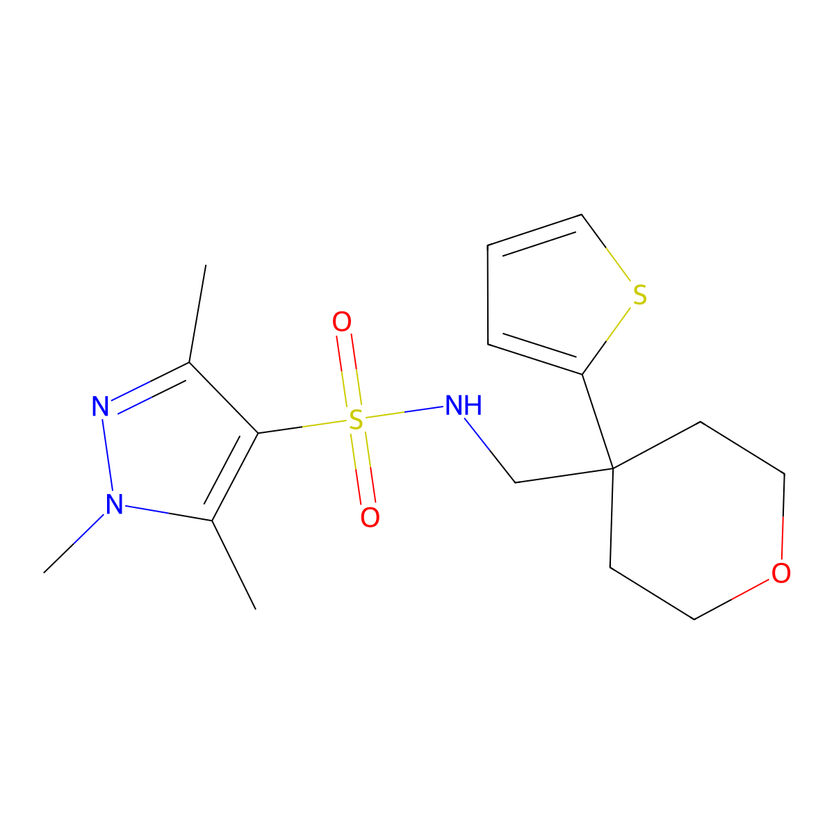 1,3,5-trimethyl-N-((4-(thiophen-2-yl)tetrahydro-2H-pyran-4-yl)methyl)-1H-pyrazole-4-sulfonamide molecular structure, CAS 1428359-92-5