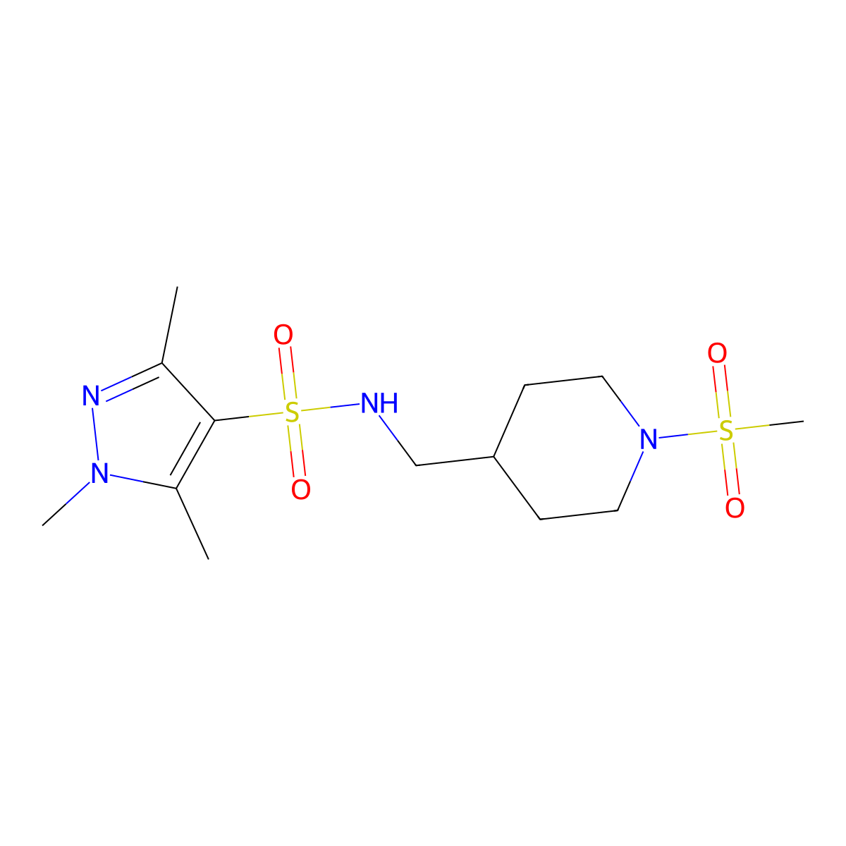 1,3,5-trimethyl-N-((1-(methylsulfonyl)piperidin-4-yl)methyl)-1H-pyrazole-4-sulfonamide molecular structure, CAS 1428359-99-2