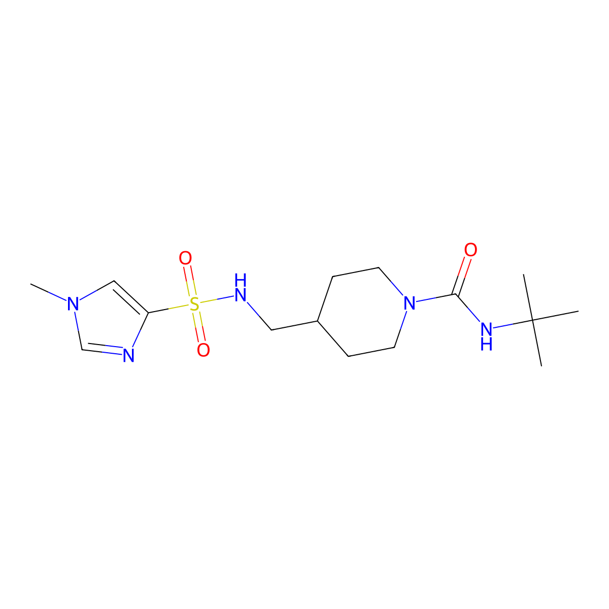 N-(tert-butyl)-4-((1-methyl-1H-imidazole-4-sulfonamido)methyl)piperidine-1-carboxamide molecular structure, CAS 1428360-01-3