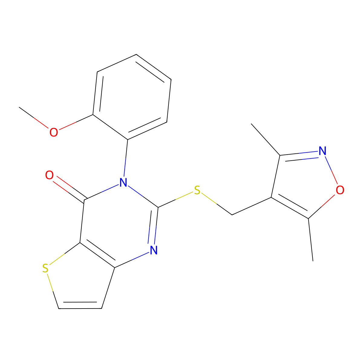 2-(((3,5-dimethylisoxazol-4-yl)methyl)thio)-3-(2-methoxyphenyl)thieno[3,2-d]pyrimidin-4(3H)-one molecular structure, CAS 1428360-07-9