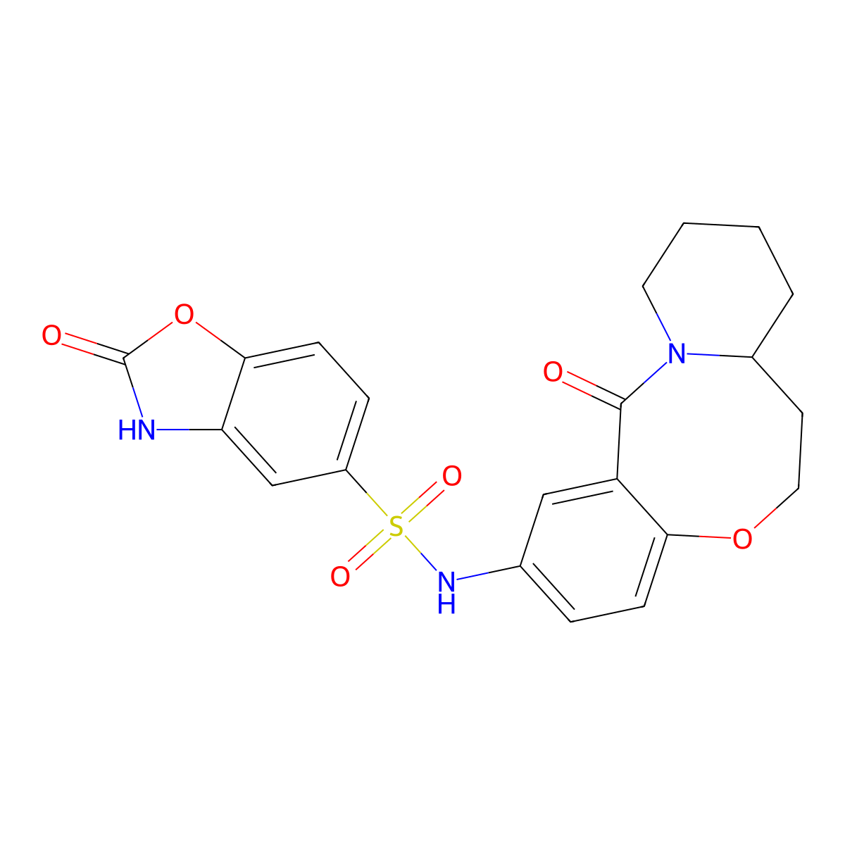 2-oxo-N-{2-oxo-9-oxa-1-azatricyclo[10.4.0.0^{3,8}]hexadeca-3,5,7-trien-5-yl}-2,3-dihydro-1,3-benzoxazole-5-sulfonamide molecular structure, CAS 1428360-11-5