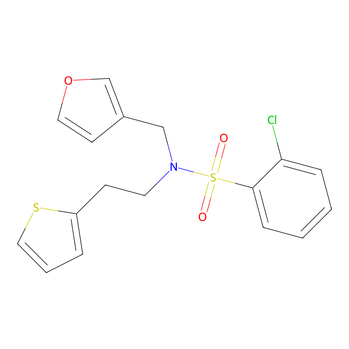 2-chloro-N-(furan-3-ylmethyl)-N-(2-(thiophen-2-yl)ethyl)benzenesulfonamide molecular structure, CAS 1428360-14-8