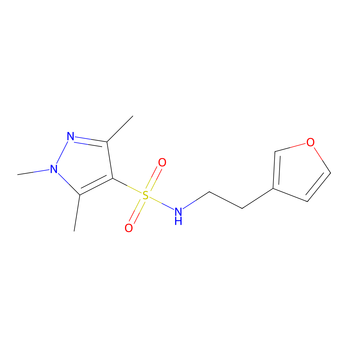 N-(2-(furan-3-yl)ethyl)-1,3,5-trimethyl-1H-pyrazole-4-sulfonamide molecular structure, CAS 1428360-17-1