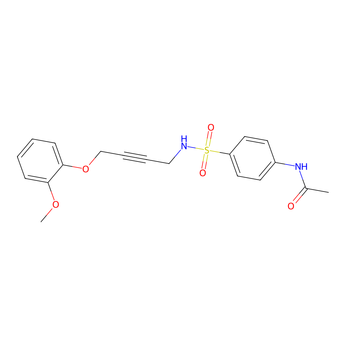 N-(4-(N-(4-(2-methoxyphenoxy)but-2-yn-1-yl)sulfamoyl)phenyl)acetamide molecular structure, CAS 1428360-23-9