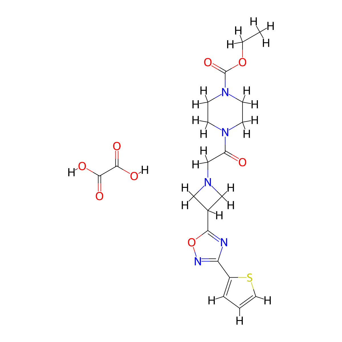Ethyl 4-(2-(3-(3-(thiophen-2-yl)-1,2,4-oxadiazol-5-yl)azetidin-1-yl)acetyl)piperazine-1-carboxylate oxalate molecular structure, CAS 1428360-27-3