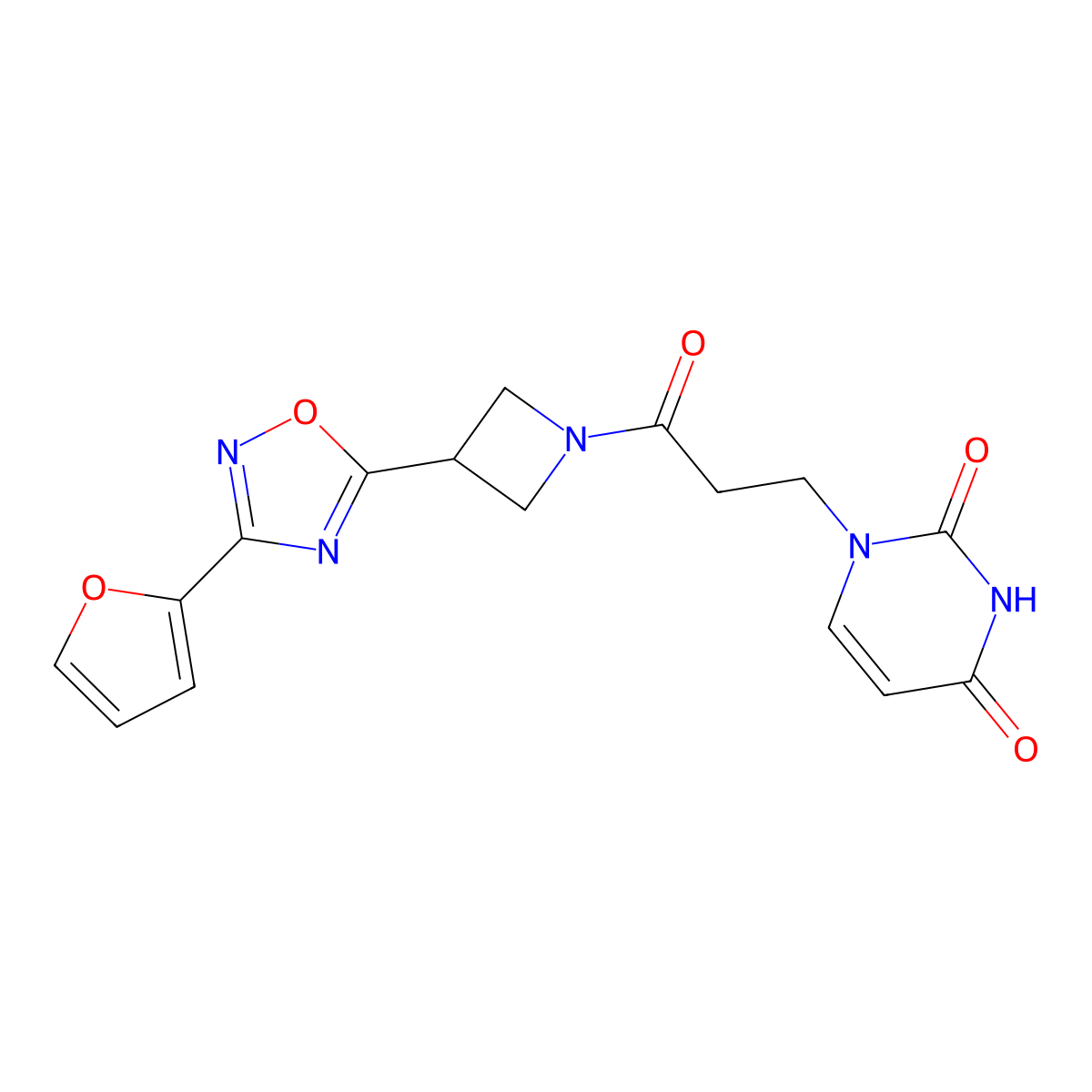1-(3-(3-(3-(furan-2-yl)-1,2,4-oxadiazol-5-yl)azetidin-1-yl)-3-oxopropyl)pyrimidine-2,4(1H,3H)-dione molecular structure, CAS 1428360-34-2