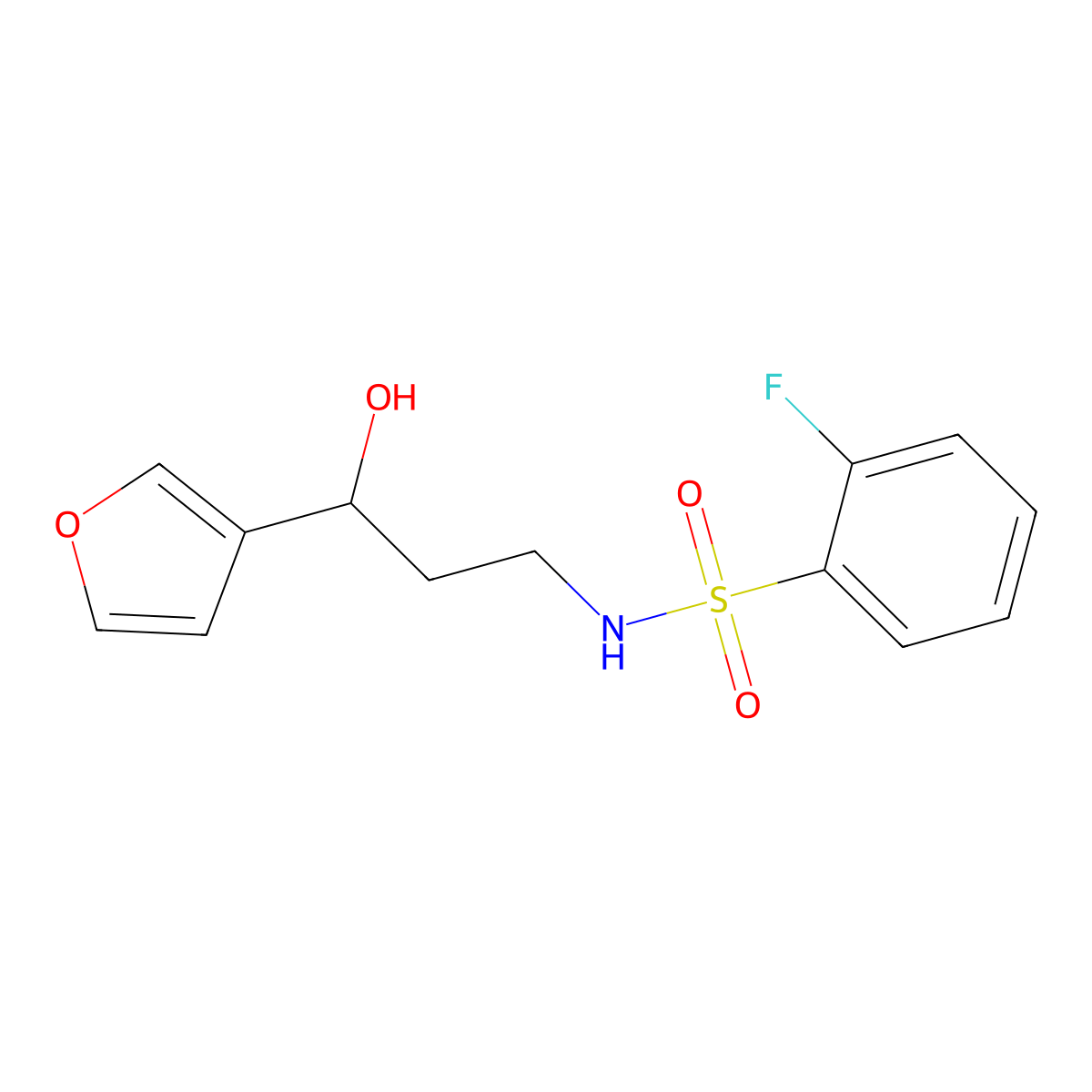 2-fluoro-N-(3-(furan-3-yl)-3-hydroxypropyl)benzenesulfonamide molecular structure, CAS 1428362-54-2