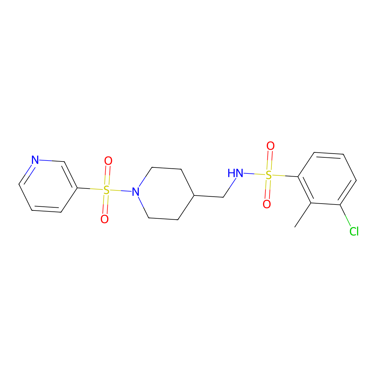 3-chloro-2-methyl-N-((1-(pyridin-3-ylsulfonyl)piperidin-4-yl)methyl)benzenesulfonamide molecular structure, CAS 1428362-79-1