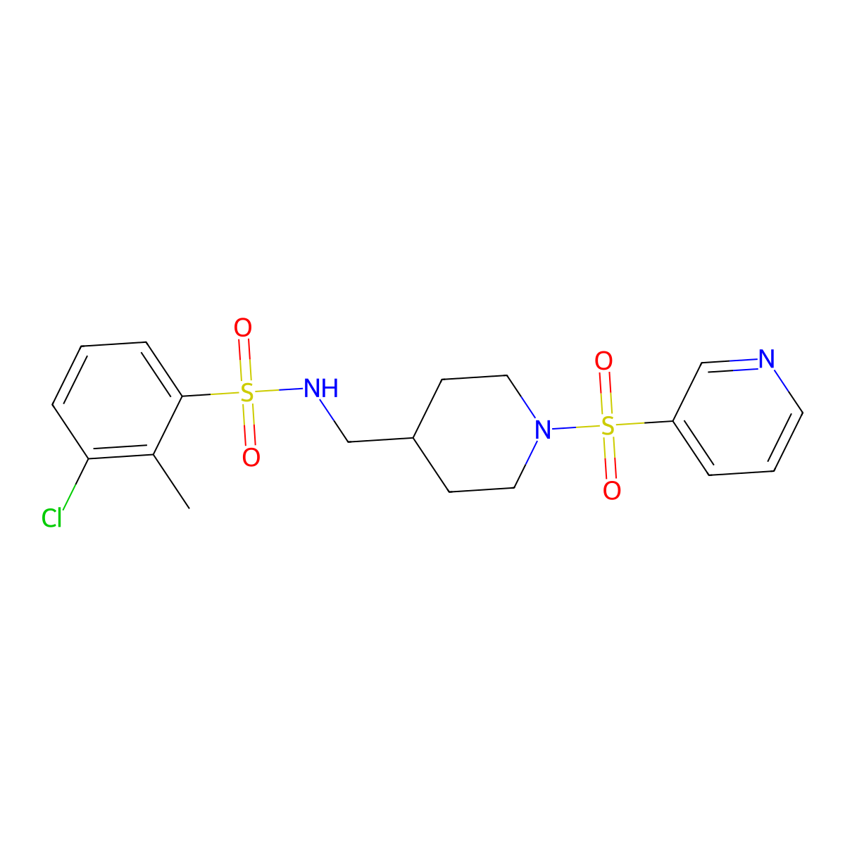 3-chloro-2-methyl-N-((1-(pyridin-3-ylsulfonyl)piperidin-4-yl)methyl)benzenesulfonamide molecular structure, CAS 1428362-79-1