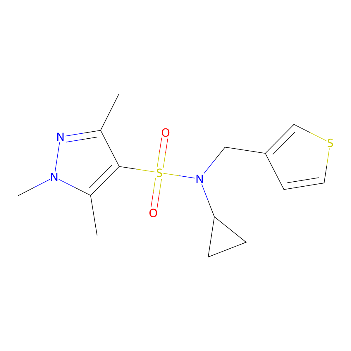 N-cyclopropyl-1,3,5-trimethyl-N-(thiophen-3-ylmethyl)-1H-pyrazole-4-sulfonamide molecular structure, CAS 1428362-80-4