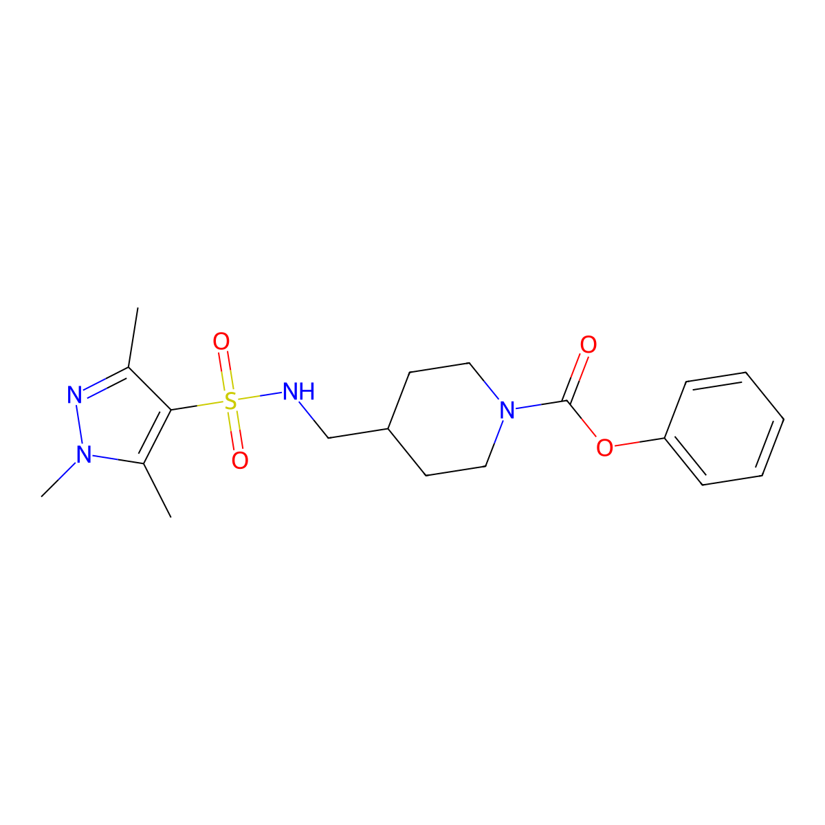 phenyl 4-[(1,3,5-trimethyl-1H-pyrazole-4-sulfonamido)methyl]piperidine-1-carboxylate molecular structure, CAS 1428362-82-6