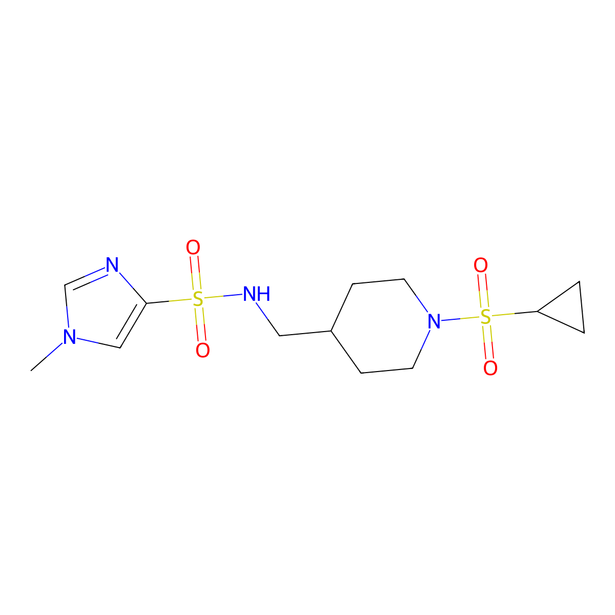 N-((1-(cyclopropylsulfonyl)piperidin-4-yl)methyl)-1-methyl-1H-imidazole-4-sulfonamide molecular structure, CAS 1428362-86-0