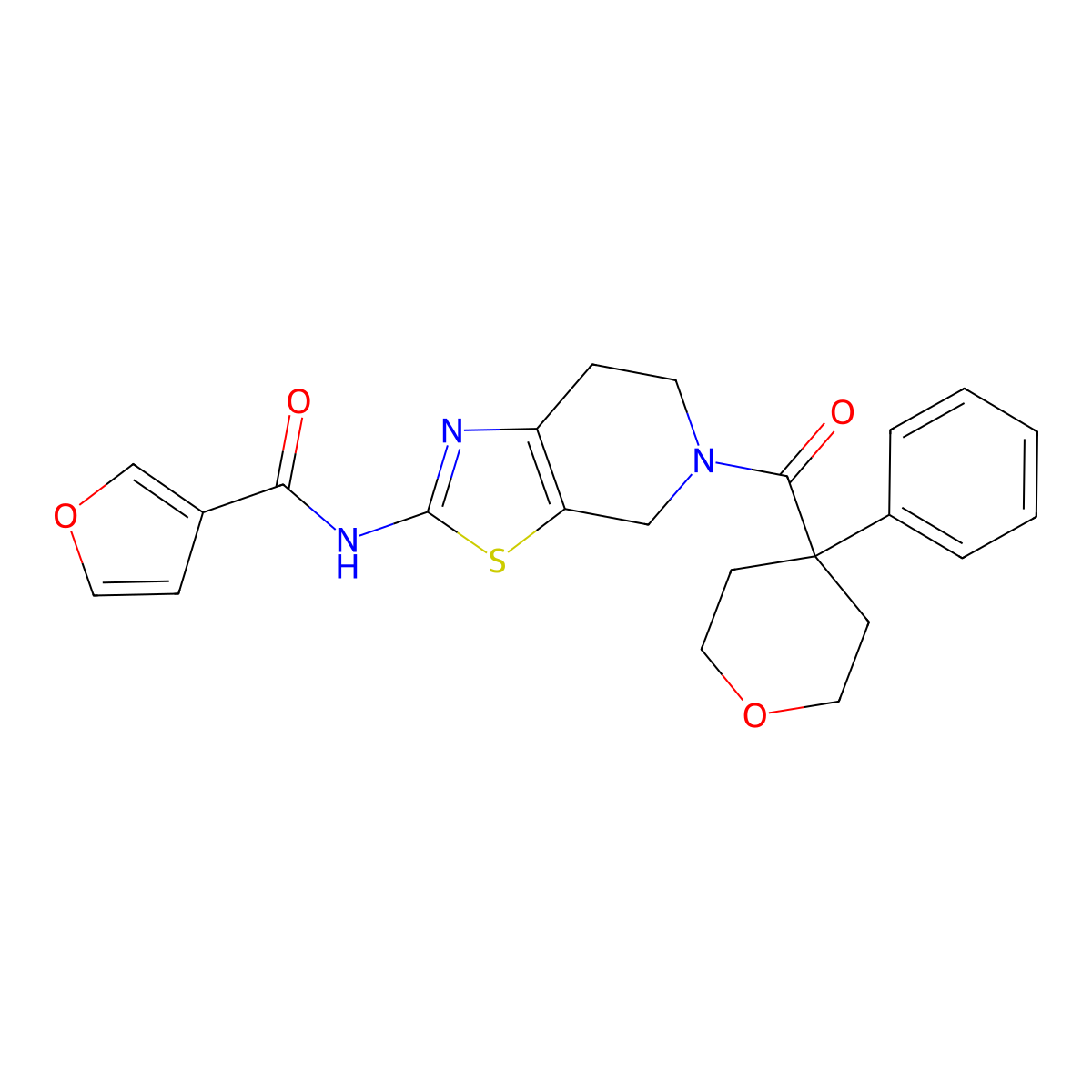 N-(5-(4-phenyltetrahydro-2H-pyran-4-carbonyl)-4,5,6,7-tetrahydrothiazolo[5,4-c]pyridin-2-yl)furan-3-carboxamide molecular structure, CAS 1428362-90-6