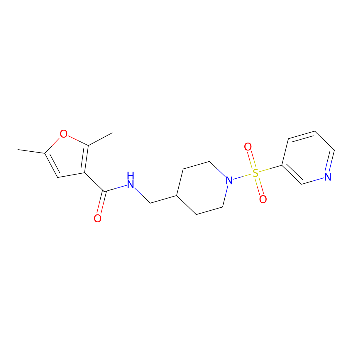 2,5-dimethyl-N-((1-(pyridin-3-ylsulfonyl)piperidin-4-yl)methyl)furan-3-carboxamide molecular structure, CAS 1428362-95-1