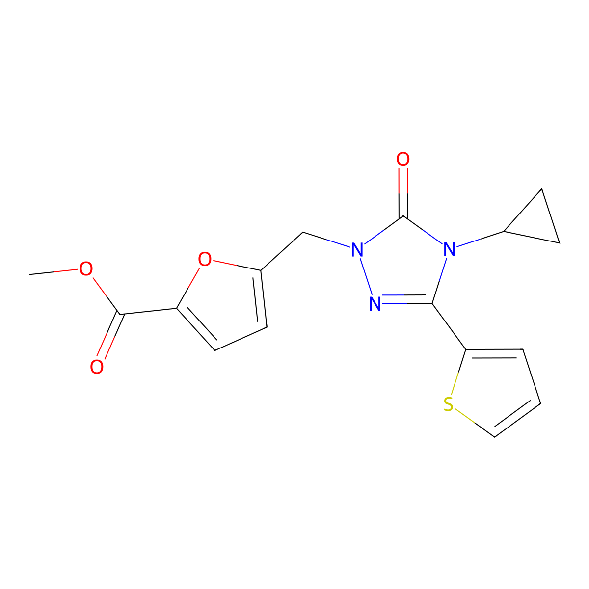 methyl 5-{[4-cyclopropyl-5-oxo-3-(thiophen-2-yl)-4,5-dihydro-1H-1,2,4-triazol-1-yl]methyl}furan-2-carboxylate molecular structure, CAS 1428363-28-3