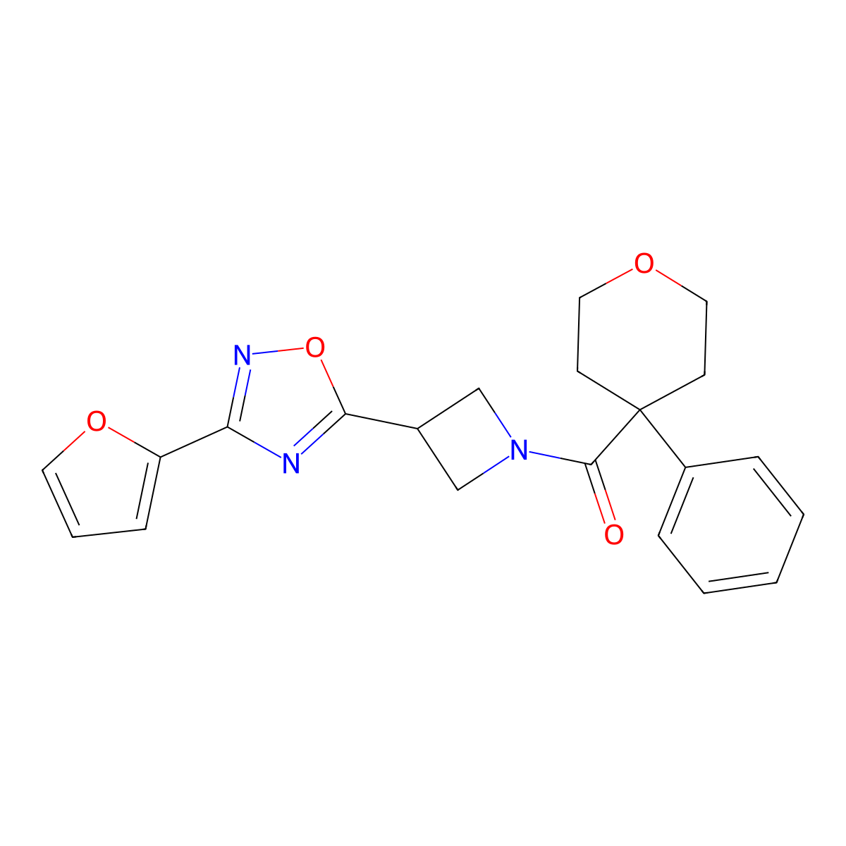 (3-(3-(furan-2-yl)-1,2,4-oxadiazol-5-yl)azetidin-1-yl)(4-phenyltetrahydro-2H-pyran-4-yl)methanone molecular structure, CAS 1428363-31-8