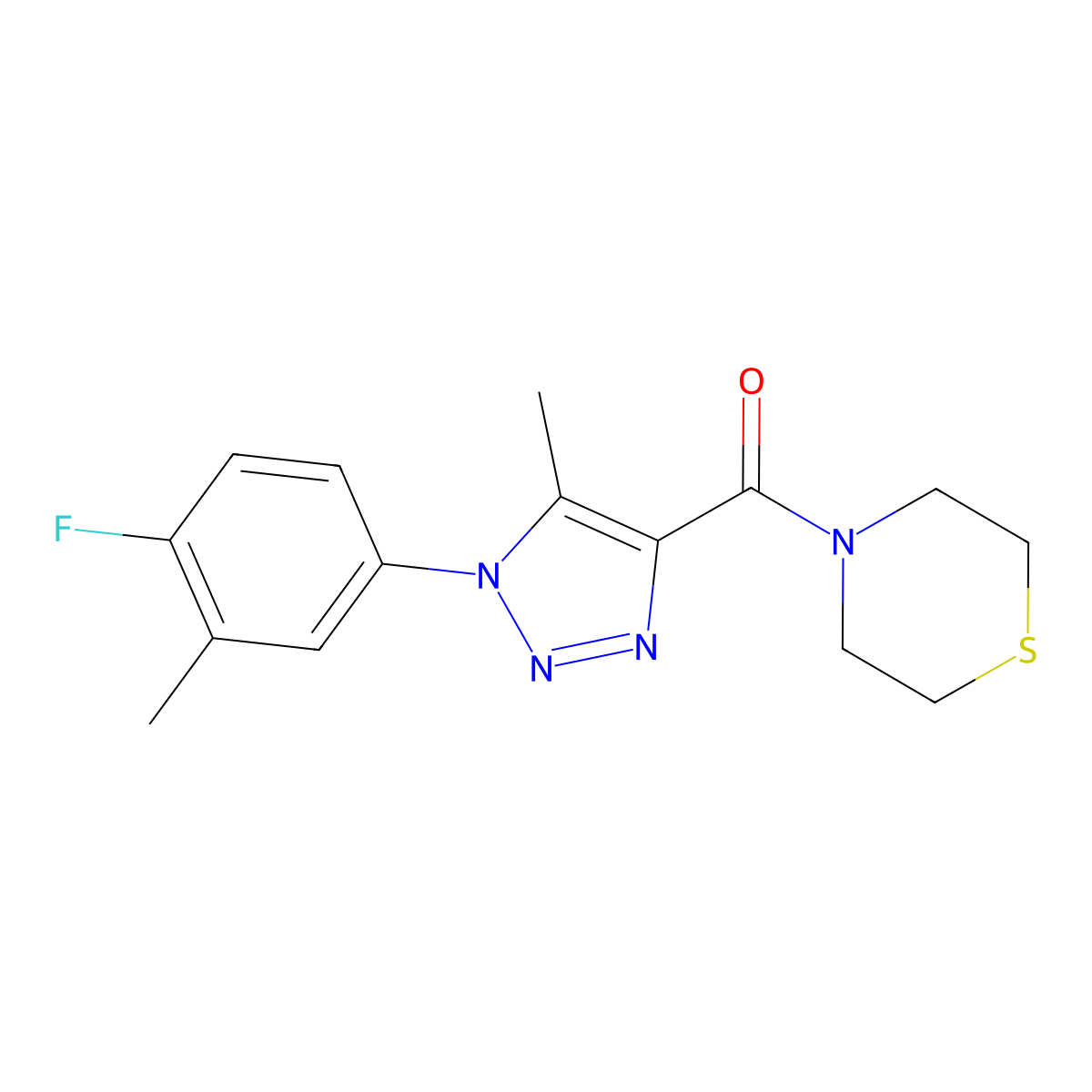 (1-(4-fluoro-3-methylphenyl)-5-methyl-1H-1,2,3-triazol-4-yl)(thiomorpholino)methanone molecular structure, CAS 1428363-33-0