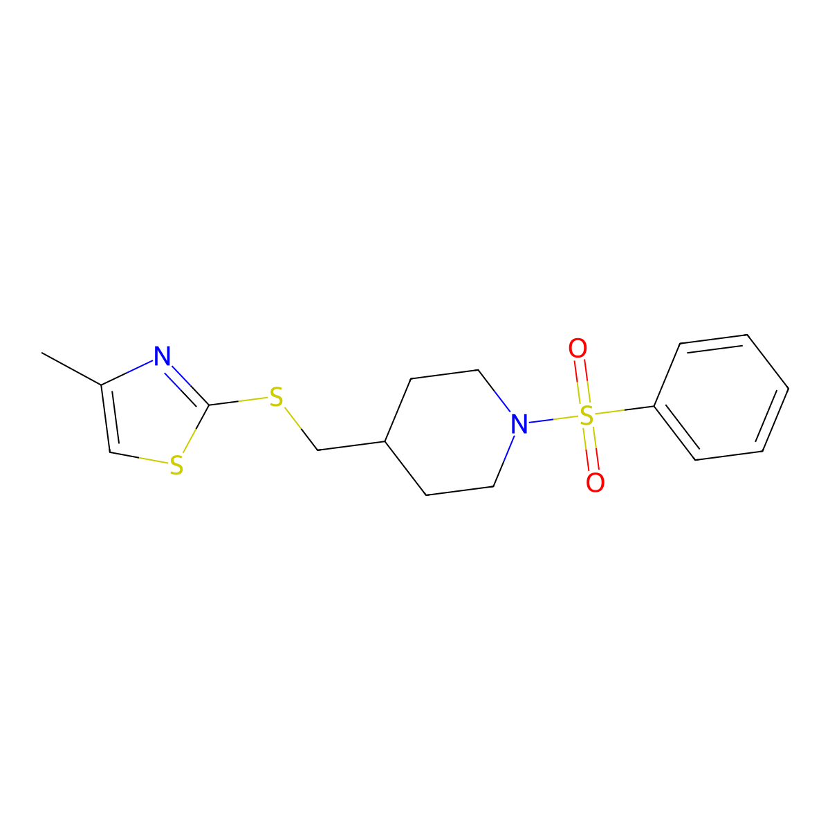 4-Methyl-2-(((1-(phenylsulfonyl)piperidin-4-yl)methyl)thio)thiazole molecular structure, CAS 1428363-47-6