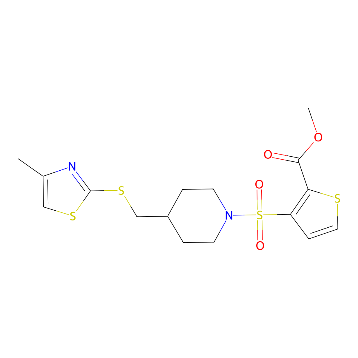 Methyl 3-((4-(((4-methylthiazol-2-yl)thio)methyl)piperidin-1-yl)sulfonyl)thiophene-2-carboxylate molecular structure, CAS 1428363-53-4
