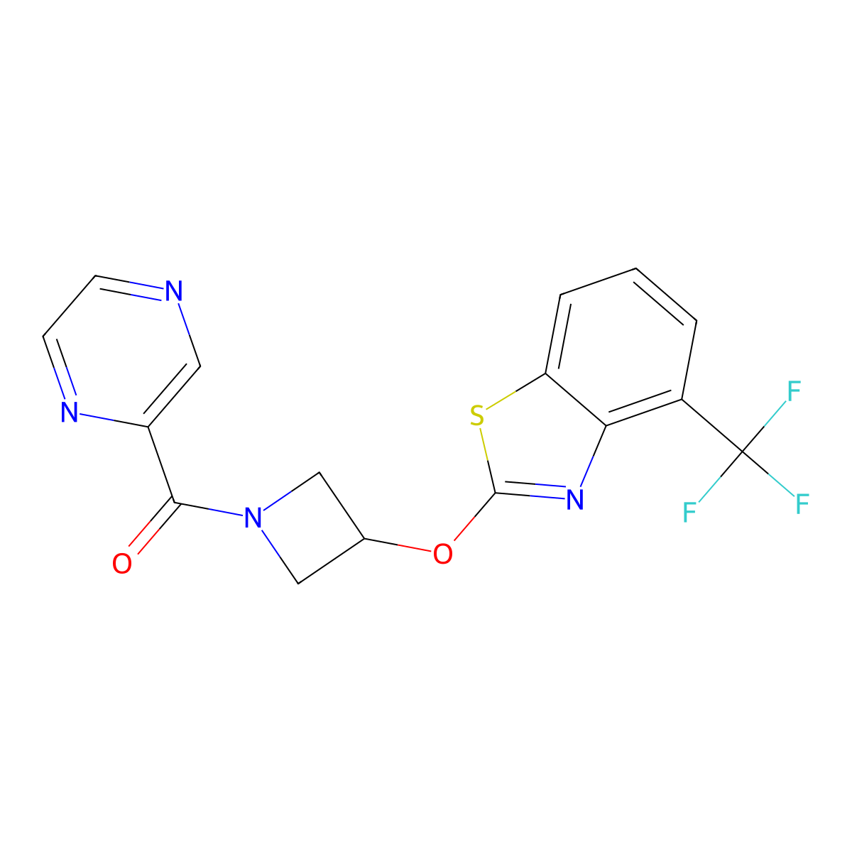 Pyrazin-2-yl(3-((4-(trifluoromethyl)benzo[d]thiazol-2-yl)oxy)azetidin-1-yl)methanone molecular structure, CAS 1428363-54-5