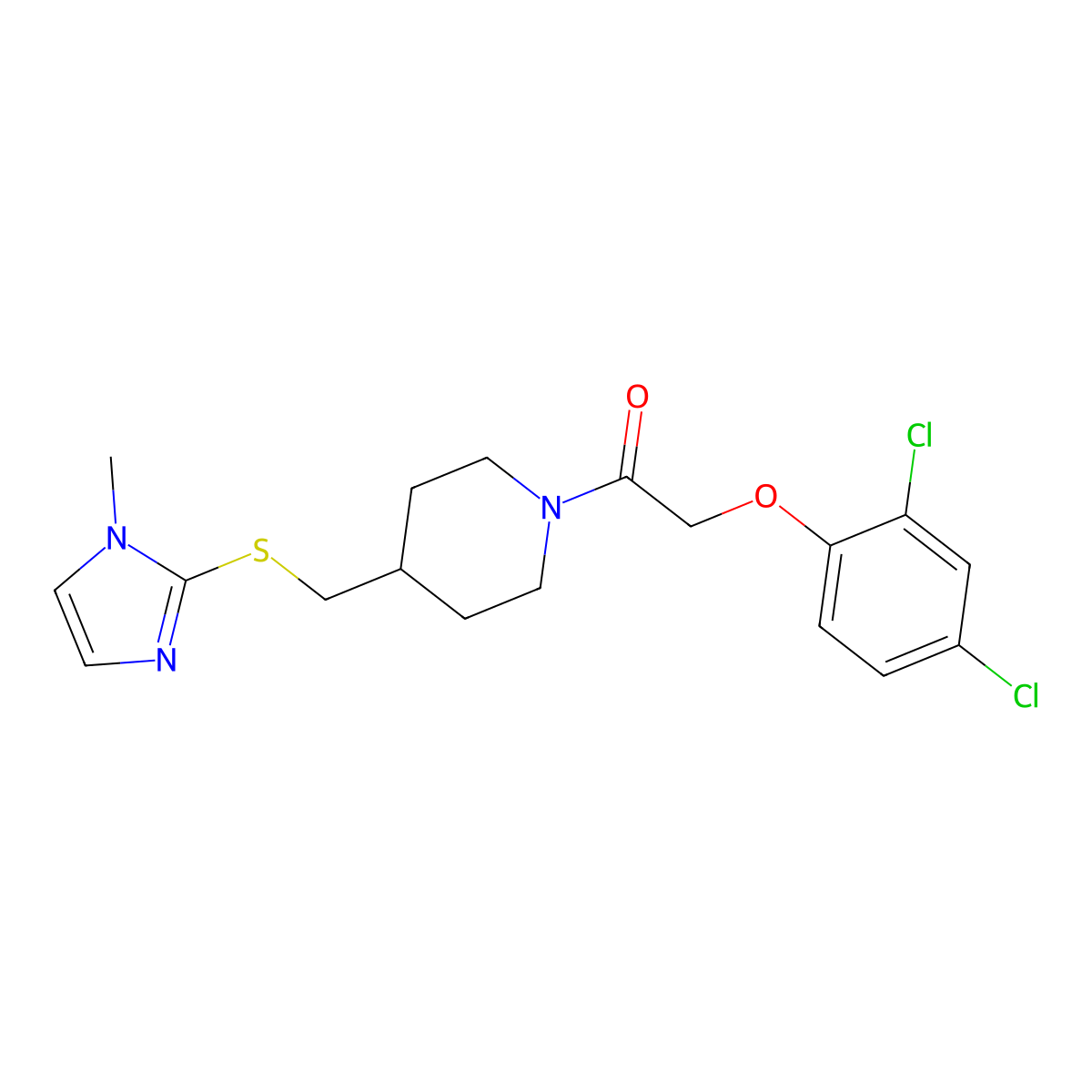 2-(2,4-dichlorophenoxy)-1-(4-(((1-methyl-1H-imidazol-2-yl)thio)methyl)piperidin-1-yl)ethanone molecular structure, CAS 1428363-59-0