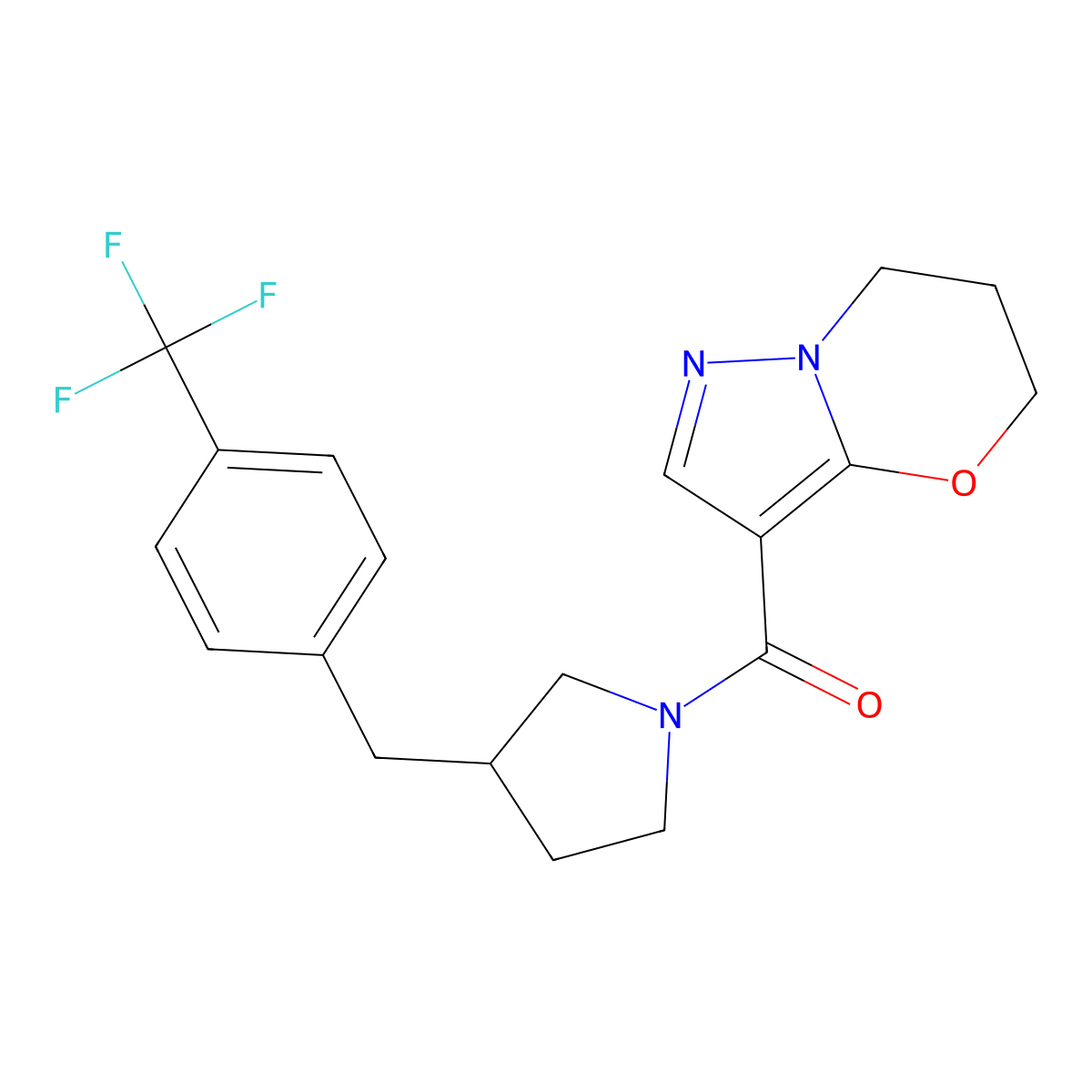 1-{5H,6H,7H-Pyrazolo[3,2-B][1,3]oxazine-3-carbonyl}-3-{[4-(trifluoromethyl)phenyl]methyl}pyrrolidine molecular structure, CAS 1428363-65-8