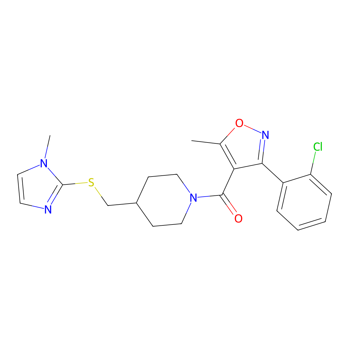(3-(2-chlorophenyl)-5-methylisoxazol-4-yl)(4-(((1-methyl-1H-imidazol-2-yl)thio)methyl)piperidin-1-yl)methanone molecular structure, CAS 1428363-66-9