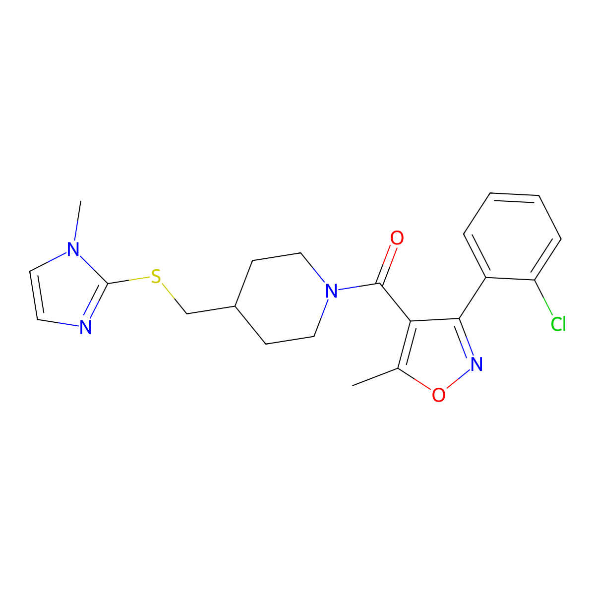 (3-(2-chlorophenyl)-5-methylisoxazol-4-yl)(4-(((1-methyl-1H-imidazol-2-yl)thio)methyl)piperidin-1-yl)methanone molecular structure, CAS 1428363-66-9