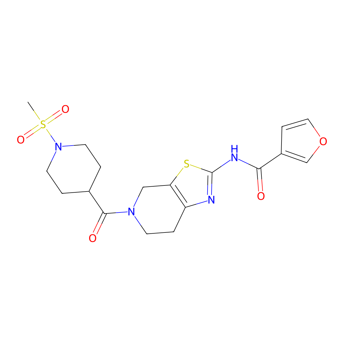 N-(5-(1-(methylsulfonyl)piperidine-4-carbonyl)-4,5,6,7-tetrahydrothiazolo[5,4-c]pyridin-2-yl)furan-3-carboxamide molecular structure, CAS 1428363-71-6