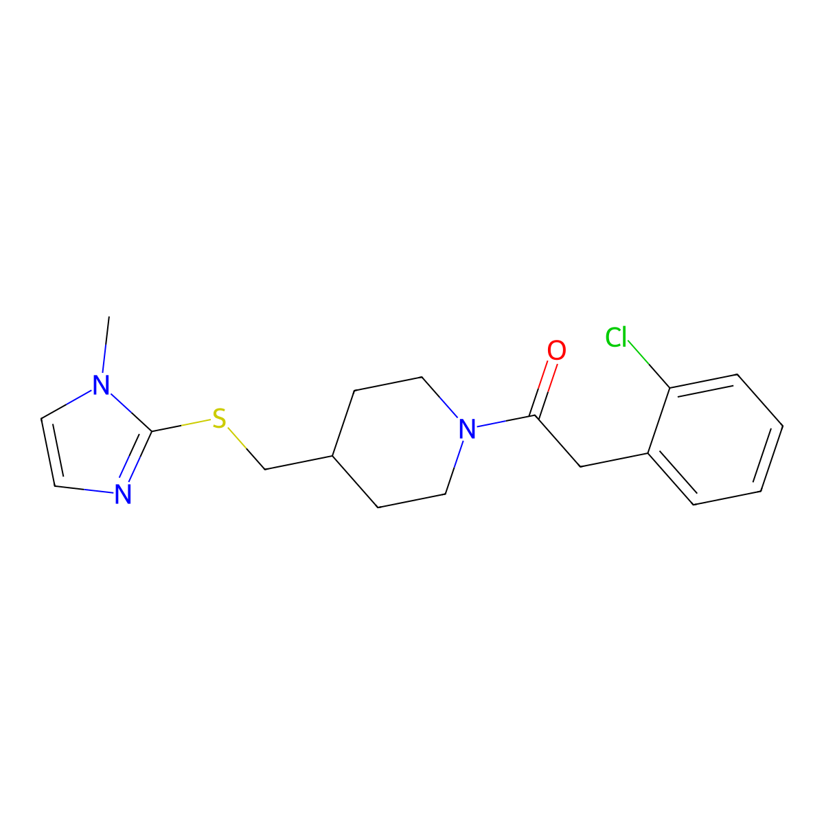 2-(2-chlorophenyl)-1-(4-(((1-methyl-1H-imidazol-2-yl)thio)methyl)piperidin-1-yl)ethanone molecular structure, CAS 1428363-73-8