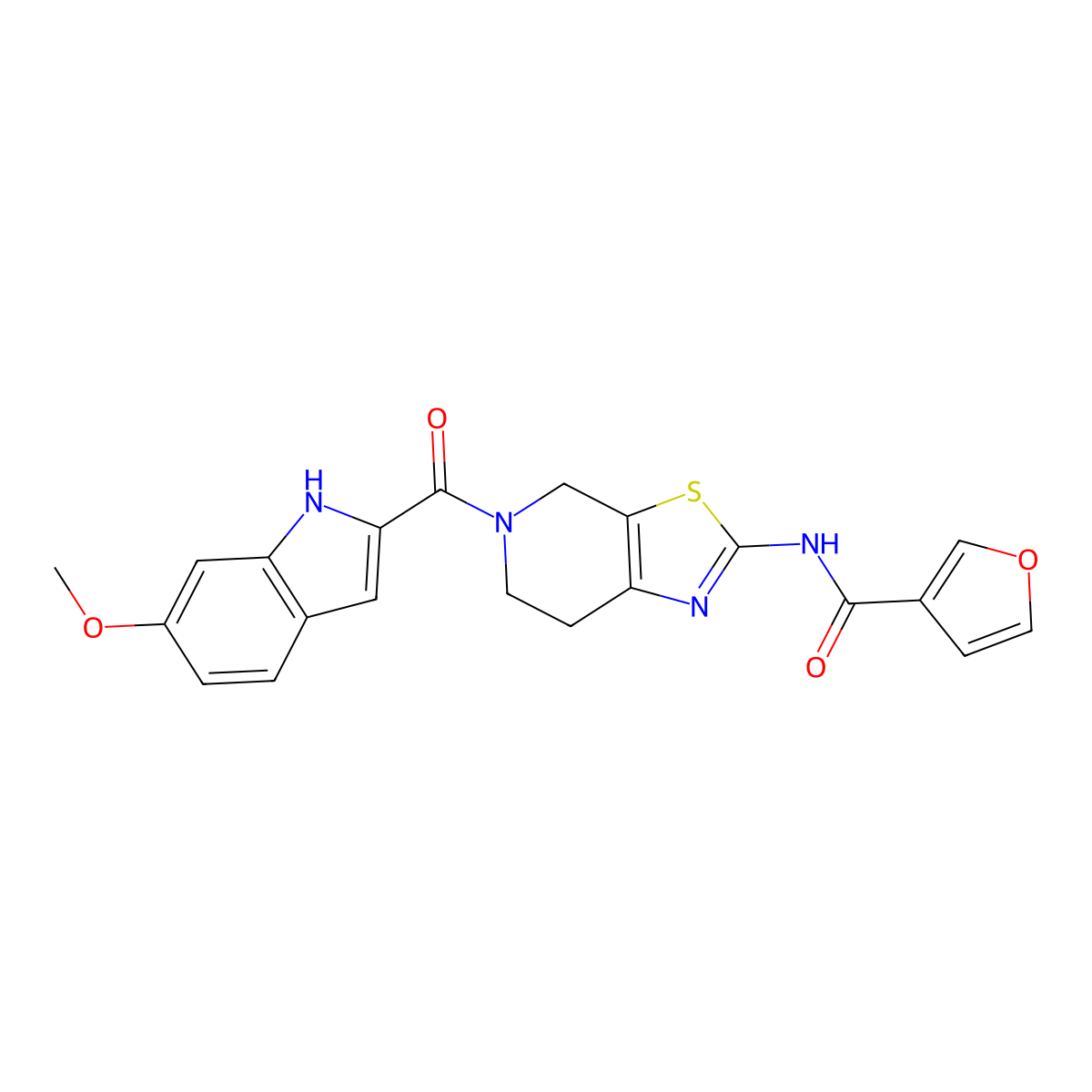 N-(5-(6-methoxy-1H-indole-2-carbonyl)-4,5,6,7-tetrahydrothiazolo[5,4-c]pyridin-2-yl)furan-3-carboxamide molecular structure, CAS 1428363-79-4