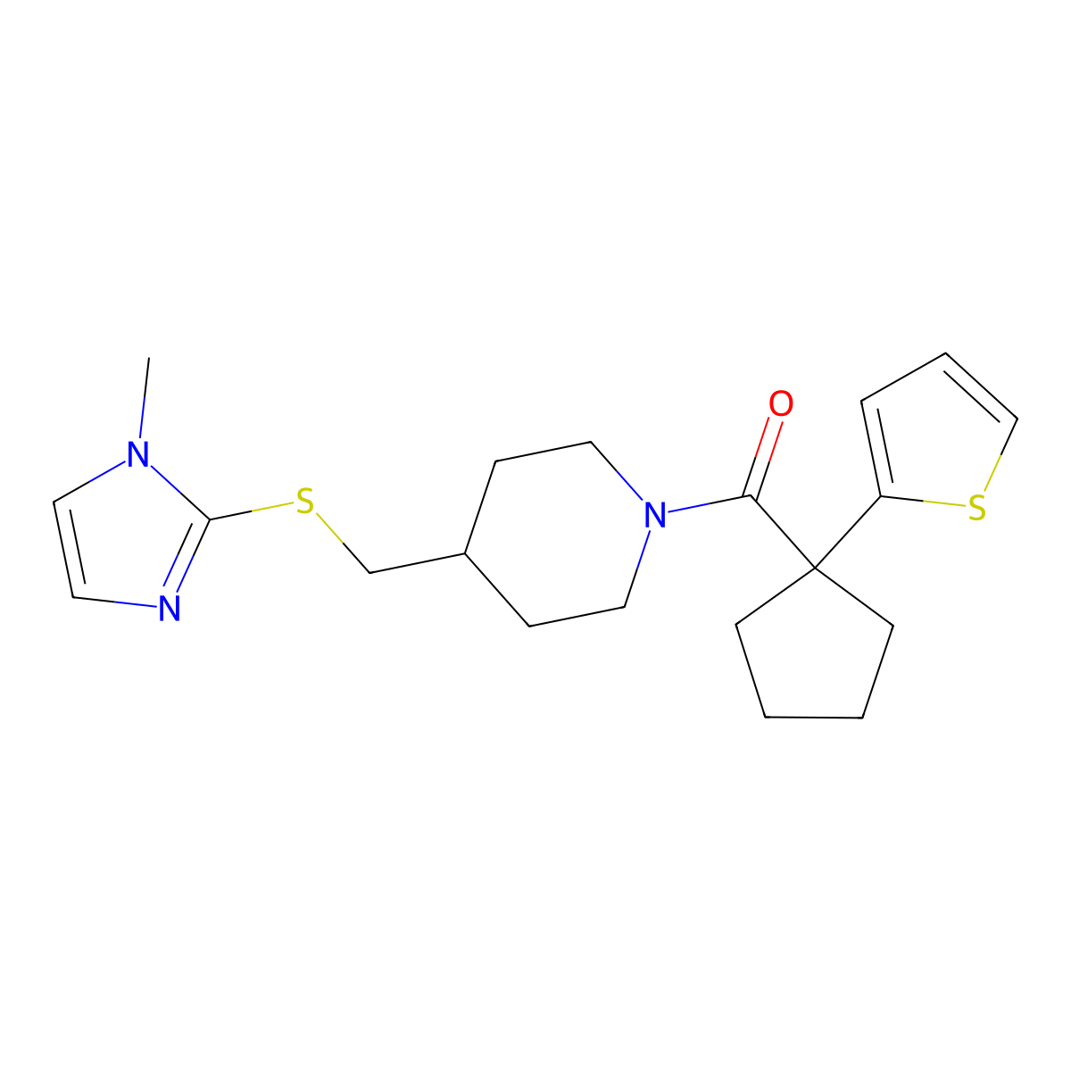 (4-(((1-methyl-1H-imidazol-2-yl)thio)methyl)piperidin-1-yl)(1-(thiophen-2-yl)cyclopentyl)methanone molecular structure, CAS 1428363-80-7
