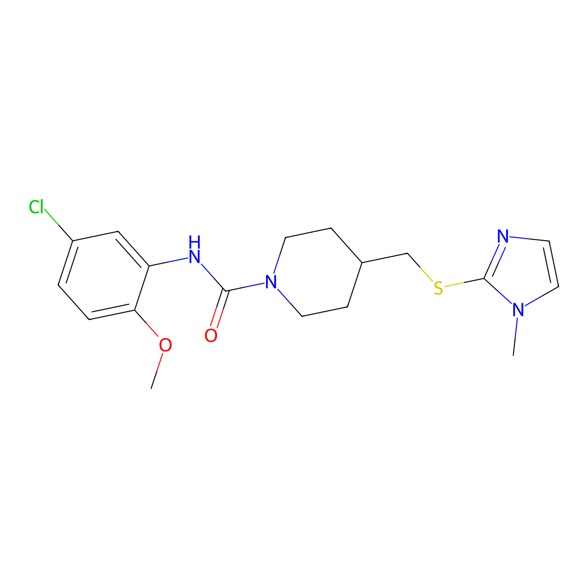 N-(5-chloro-2-methoxyphenyl)-4-(((1-methyl-1H-imidazol-2-yl)thio)methyl)piperidine-1-carboxamide molecular structure, CAS 1428363-86-3