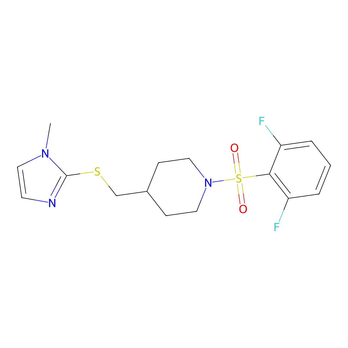 1-((2,6-difluorophenyl)sulfonyl)-4-(((1-methyl-1H-imidazol-2-yl)thio)methyl)piperidine molecular structure, CAS 1428363-92-1
