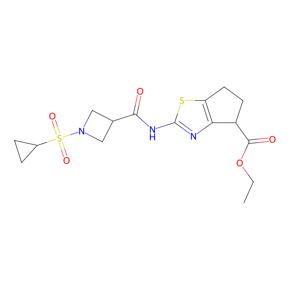 ethyl 2-(1-(cyclopropylsulfonyl)azetidine-3-carboxamido)-5,6-dihydro-4H-cyclopenta[d]thiazole-4-carboxylate molecular structure, CAS 1428364-15-1