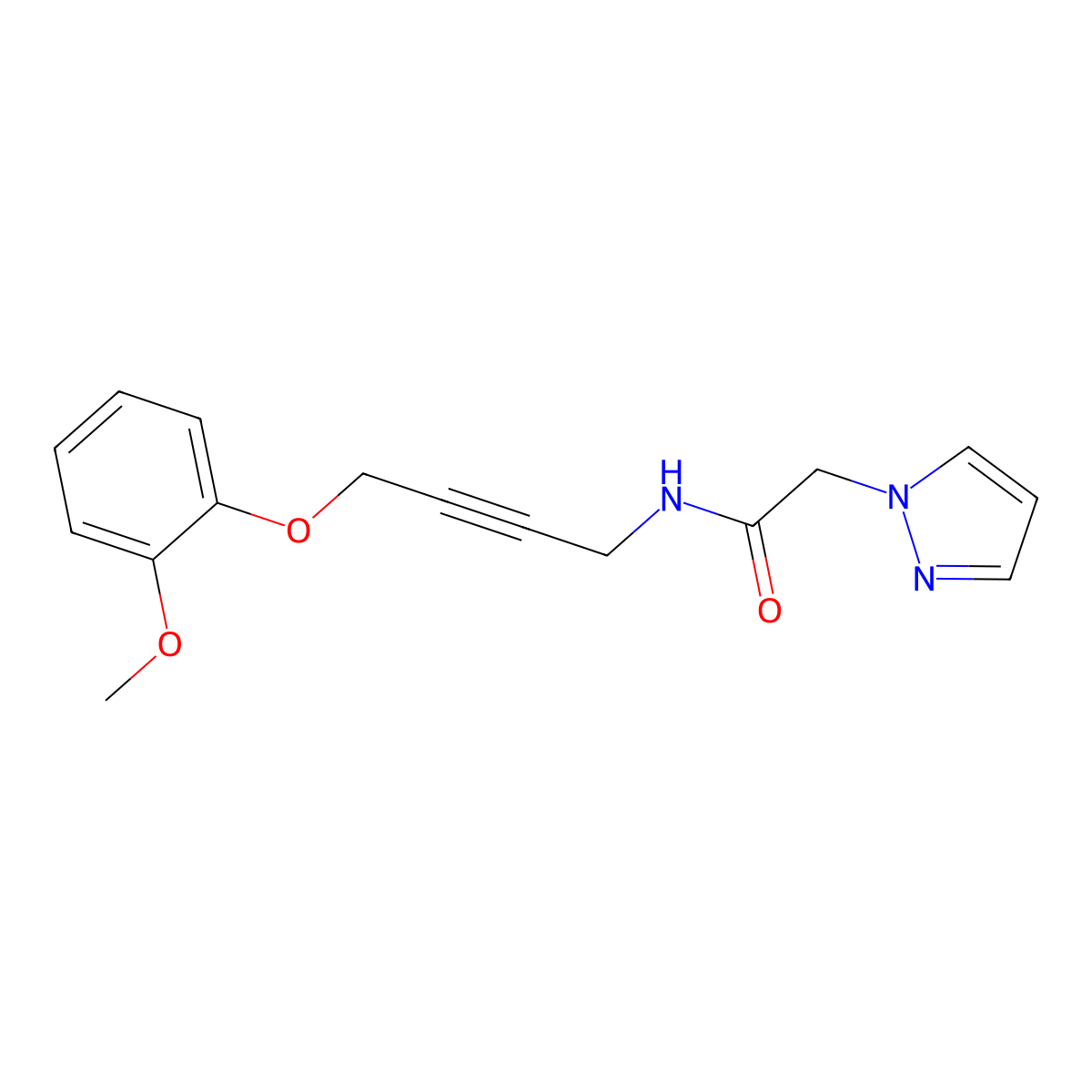N-[4-(2-methoxyphenoxy)but-2-yn-1-yl]-2-(1H-pyrazol-1-yl)acetamide molecular structure, CAS 1428364-18-4