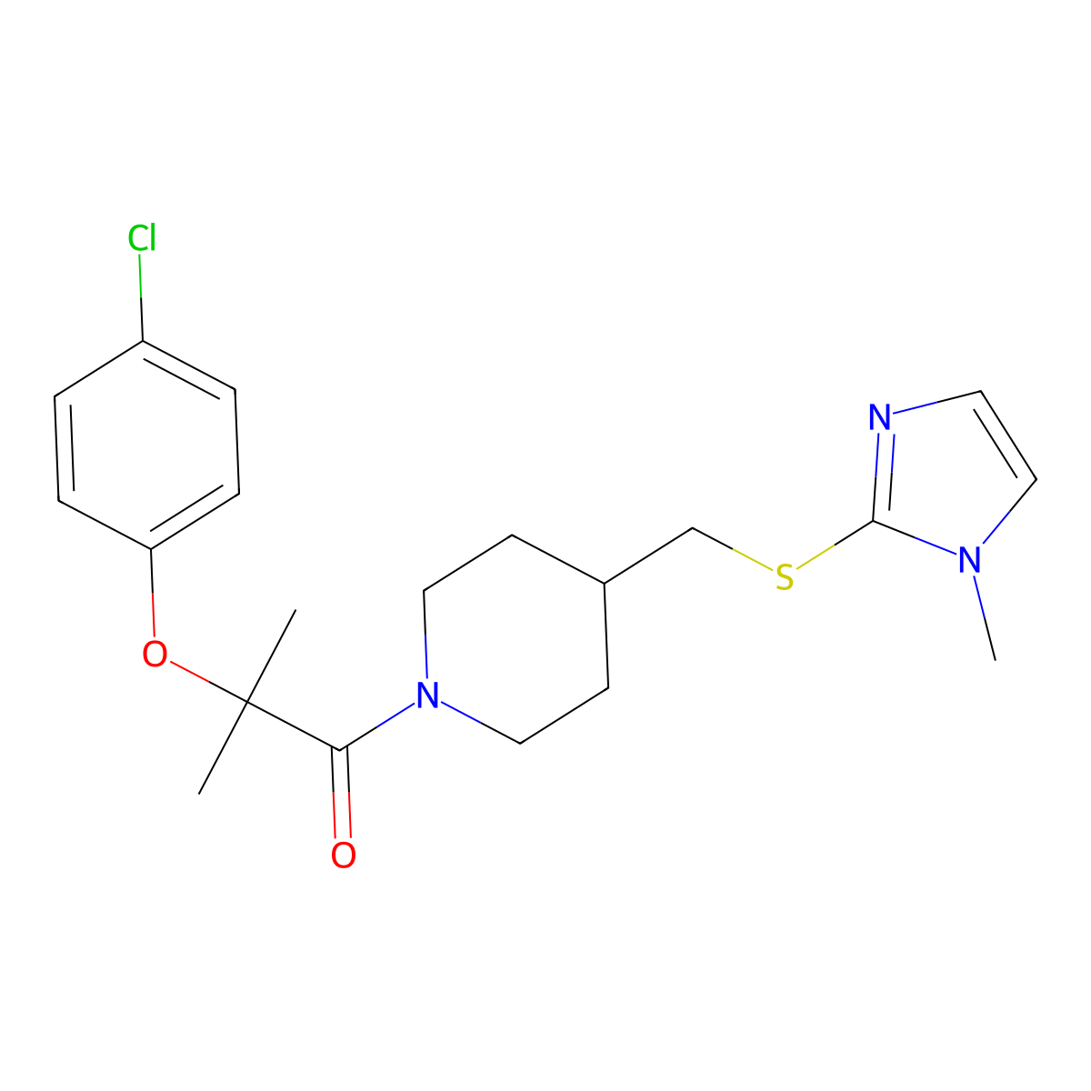 2-(4-chlorophenoxy)-2-methyl-1-(4-(((1-methyl-1H-imidazol-2-yl)thio)methyl)piperidin-1-yl)propan-1-one molecular structure, CAS 1428364-20-8