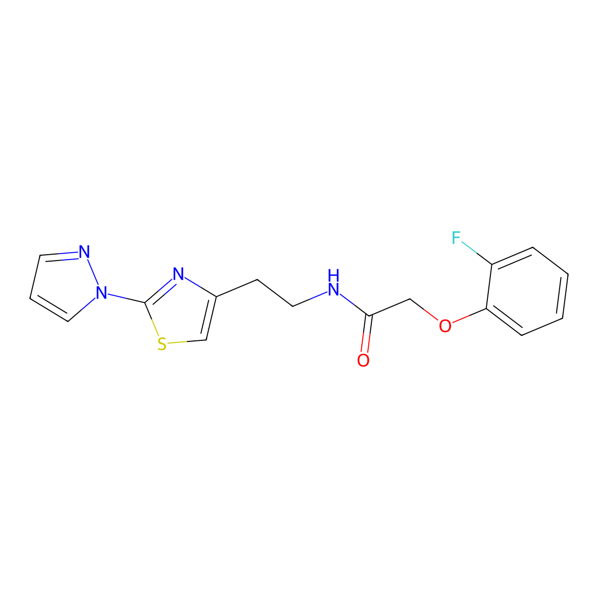 N-(2-(2-(1H-pyrazol-1-yl)thiazol-4-yl)ethyl)-2-(2-fluorophenoxy)acetamide molecular structure, CAS 1428364-29-7