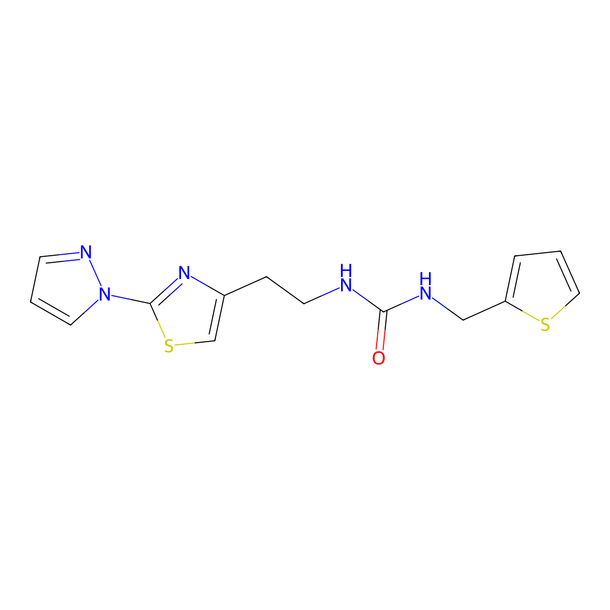 1-(2-(2-(1H-pyrazol-1-yl)thiazol-4-yl)ethyl)-3-(thiophen-2-ylmethyl)urea molecular structure, CAS 1428364-37-7