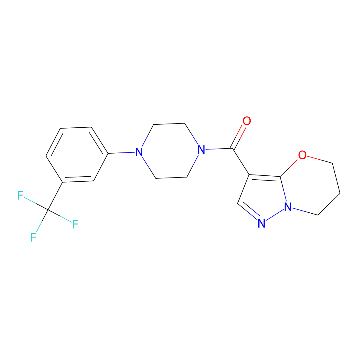 (6,7-dihydro-5H-pyrazolo[5,1-b][1,3]oxazin-3-yl)(4-(3-(trifluoromethyl)phenyl)piperazin-1-yl)methanone molecular structure, CAS 1428364-42-4