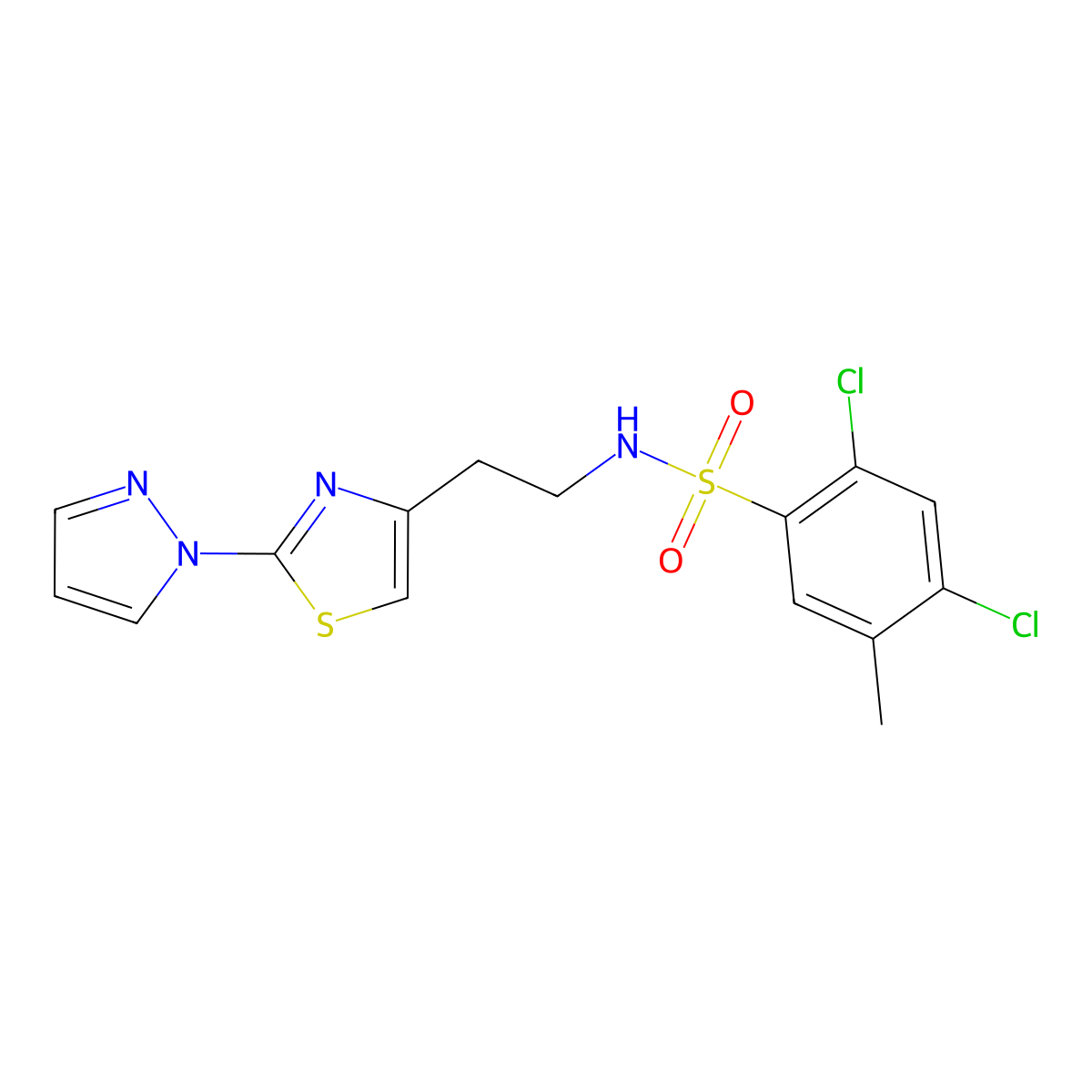 N-(2-(2-(1H-pyrazol-1-yl)thiazol-4-yl)ethyl)-2,4-dichloro-5-methylbenzenesulfonamide molecular structure, CAS 1428364-46-8