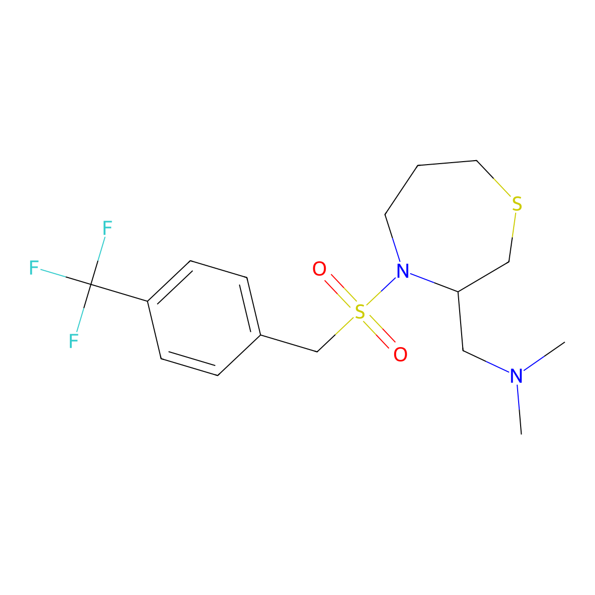 N,N-dimethyl-1-(4-((4-(trifluoromethyl)benzyl)sulfonyl)-1,4-thiazepan-3-yl)methanamine molecular structure, CAS 1428364-48-0
