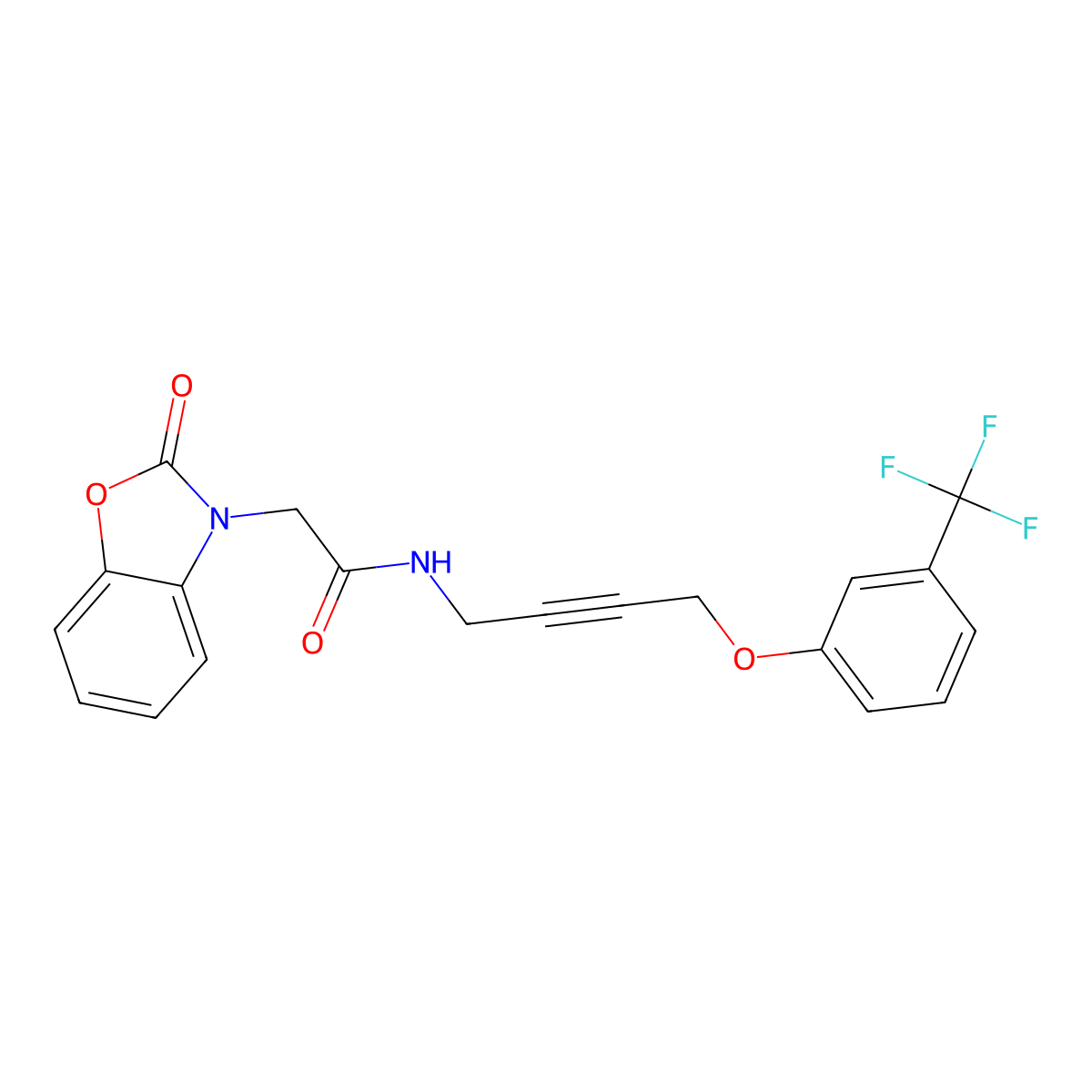 2-(2-oxobenzo[d]oxazol-3(2H)-yl)-N-(4-(3-(trifluoromethyl)phenoxy)but-2-yn-1-yl)acetamide molecular structure, CAS 1428364-53-7
