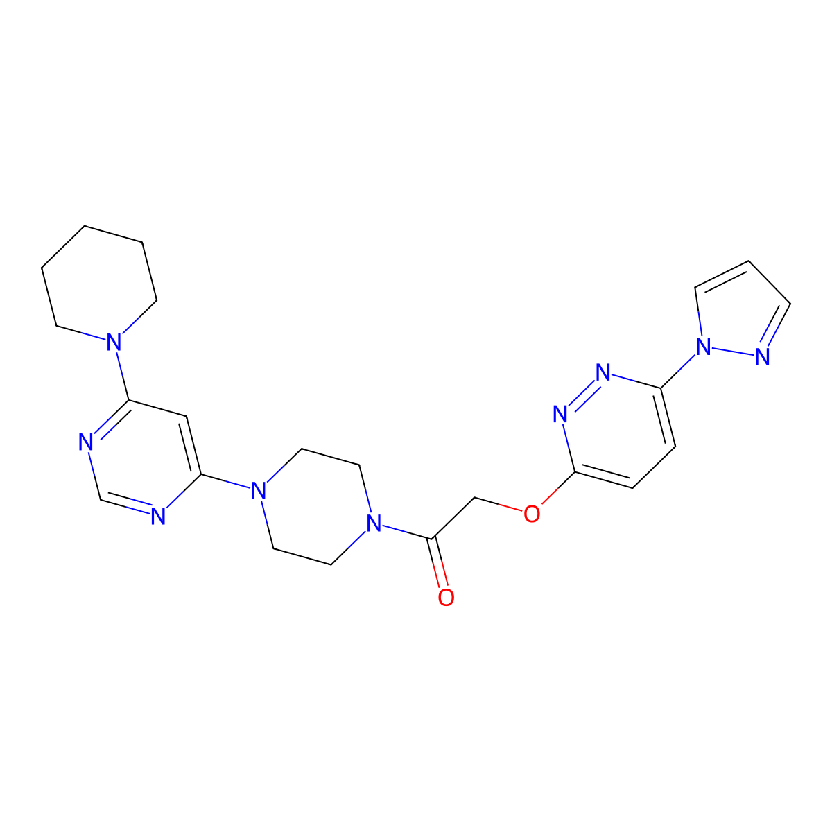 2-((6-(1H-pyrazol-1-yl)pyridazin-3-yl)oxy)-1-(4-(6-(piperidin-1-yl)pyrimidin-4-yl)piperazin-1-yl)ethanone molecular structure, CAS 1428364-58-2
