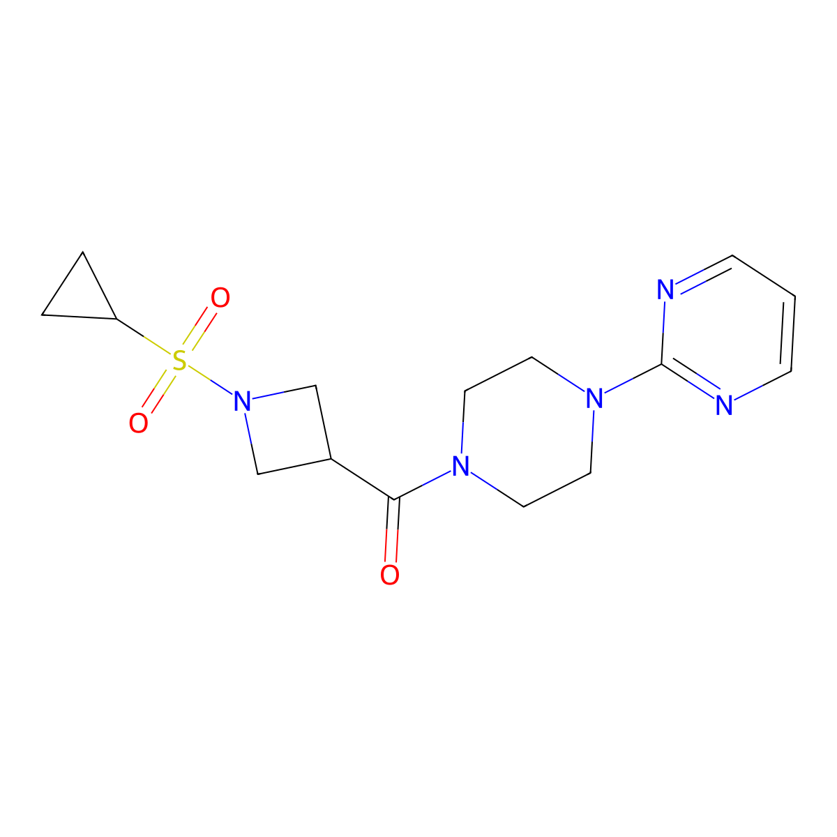(1-(Cyclopropylsulfonyl)azetidin-3-yl)(4-(pyrimidin-2-yl)piperazin-1-yl)methanone molecular structure, CAS 1428364-64-0