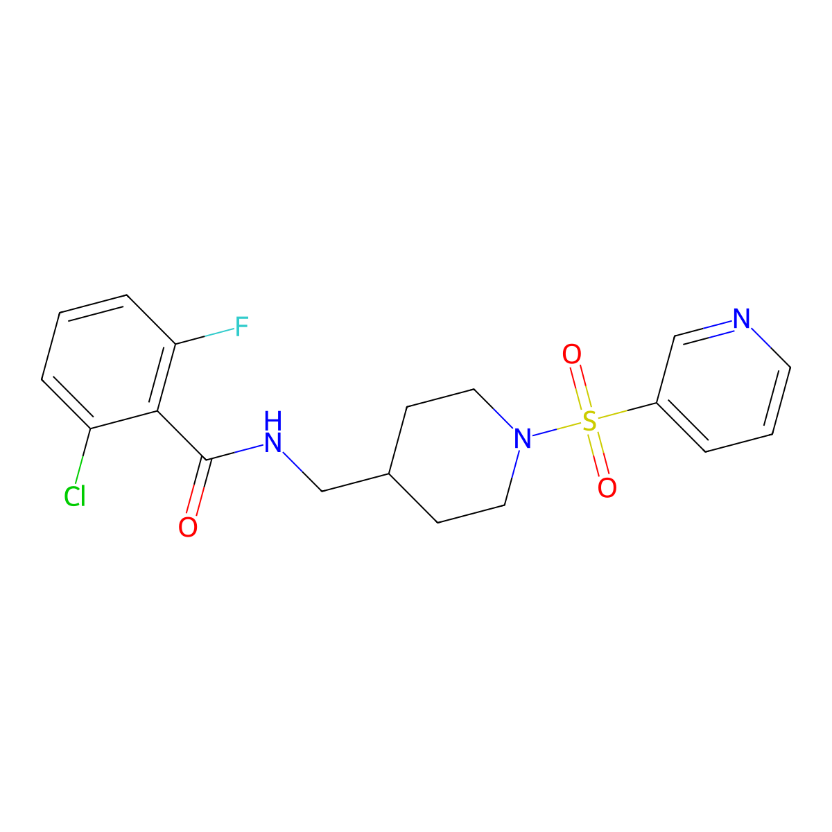 2-chloro-6-fluoro-N-((1-(pyridin-3-ylsulfonyl)piperidin-4-yl)methyl)benzamide molecular structure, CAS 1428364-66-2
