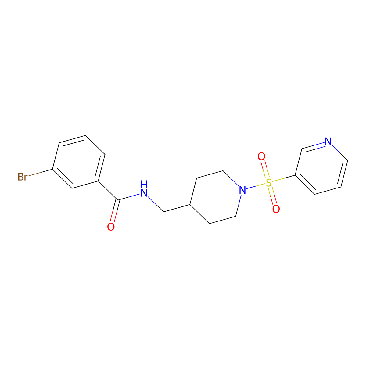 3-bromo-N-((1-(pyridin-3-ylsulfonyl)piperidin-4-yl)methyl)benzamide molecular structure, CAS 1428364-72-0