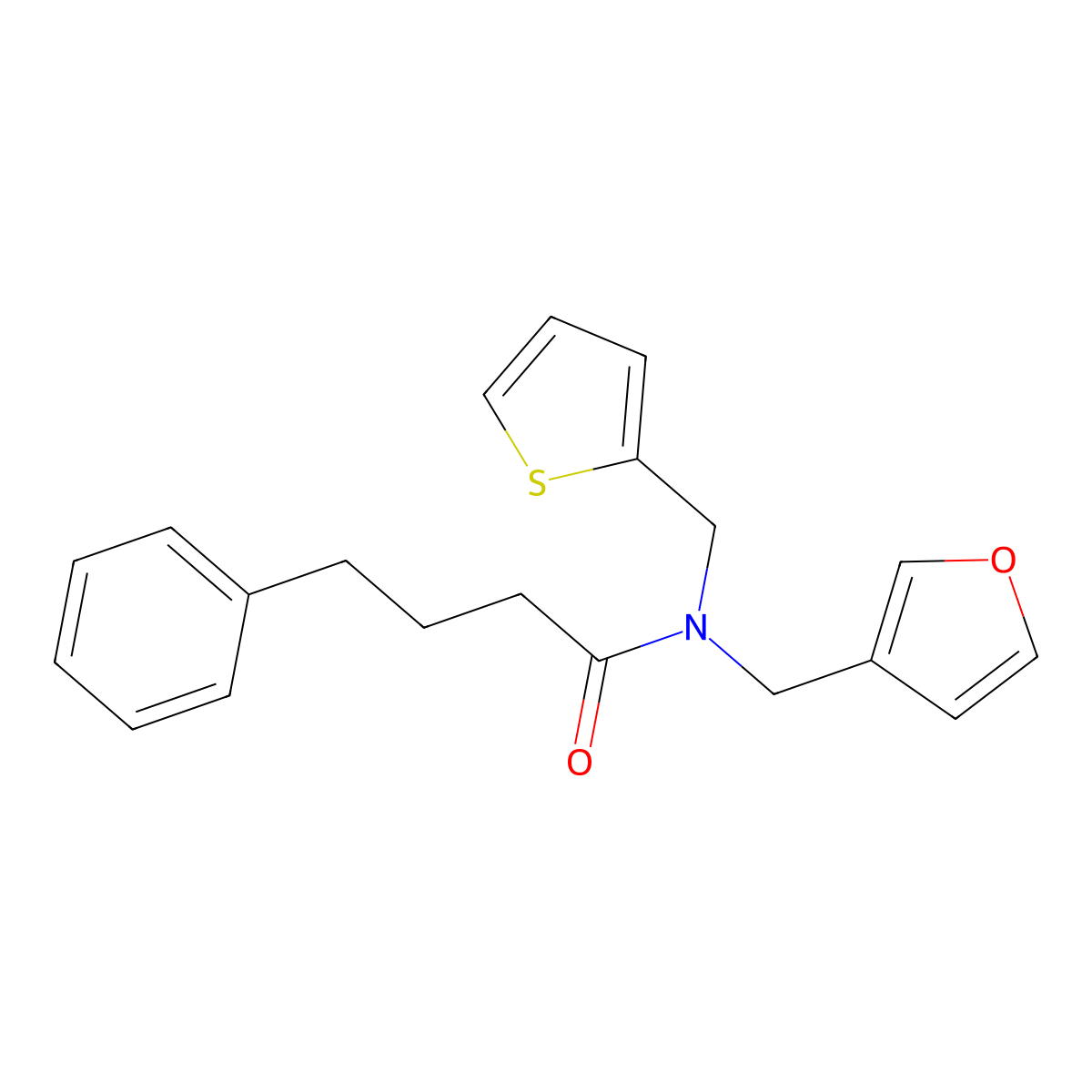 N-(furan-3-ylmethyl)-4-phenyl-N-(thiophen-2-ylmethyl)butanamide molecular structure, CAS 1428364-74-2