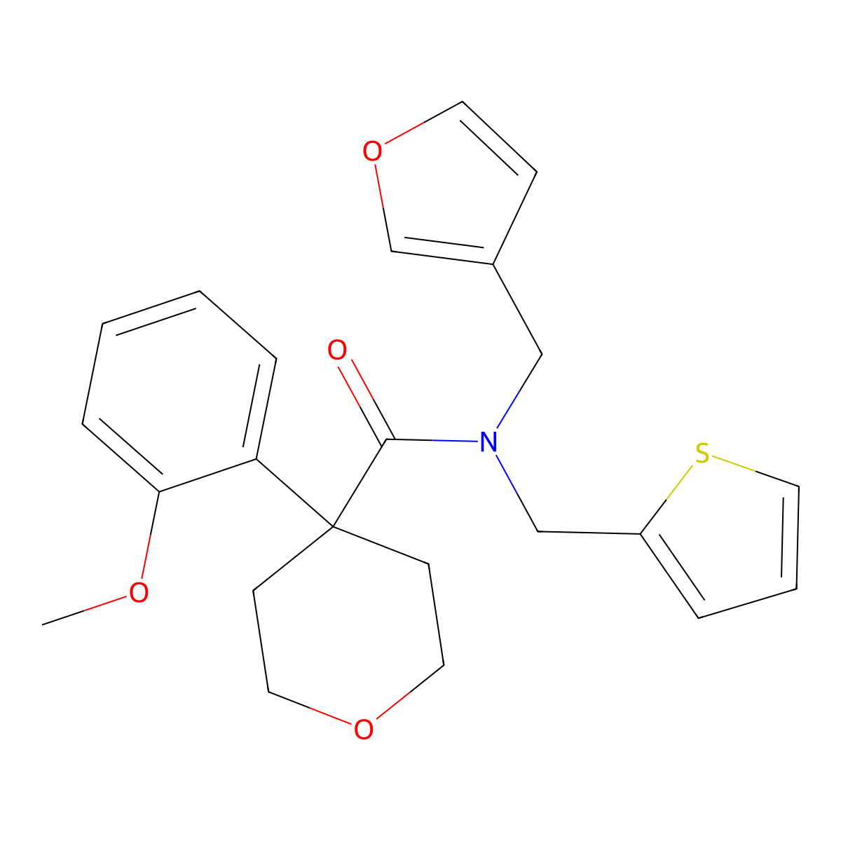 N-(furan-3-ylmethyl)-4-(2-methoxyphenyl)-N-(thiophen-2-ylmethyl)tetrahydro-2H-pyran-4-carboxamide molecular structure, CAS 1428364-91-3