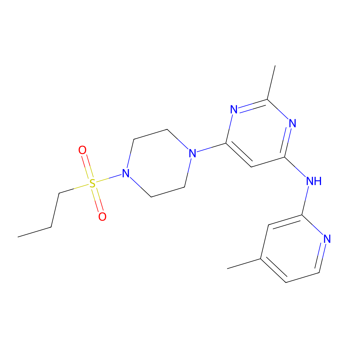 2-methyl-N-(4-methylpyridin-2-yl)-6-(4-(propylsulfonyl)piperazin-1-yl)pyrimidin-4-amine molecular structure, CAS 1428364-95-7